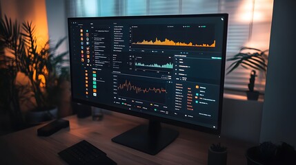 A large monitor displays various graphs and data, illuminated in a dimly lit room with plants.