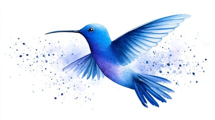 Obraz premium Watercolor Flying Hummingbird in Abstract Light - A vibrant blue hummingbird in flight, depicted in watercolor, surrounded by abstract light splatters. Symbolizing freedom, grace, beauty, nature