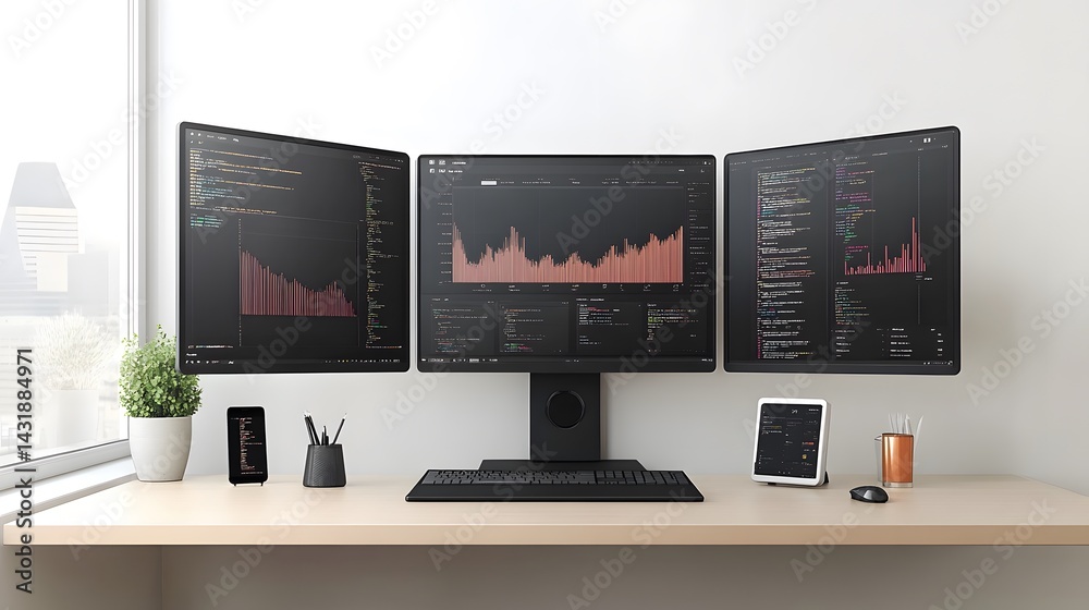 Poster modern workspace with triple monitor setup displaying code, graphs, and data. clean, minimalist aest