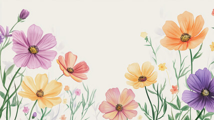 Fototapeta premium Elegant wedding invitation card background . Minimal hand painted watercolor Cosmos flowers texture template background. Design for wedding, vip cover, poster, rsvp moderncard.Valentine's Day
