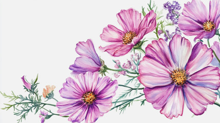 Obraz premium Elegant wedding invitation card background . Minimal hand painted watercolor Cosmos flowers texture template background. Design for wedding, vip cover, poster, rsvp moderncard.Valentine's Day