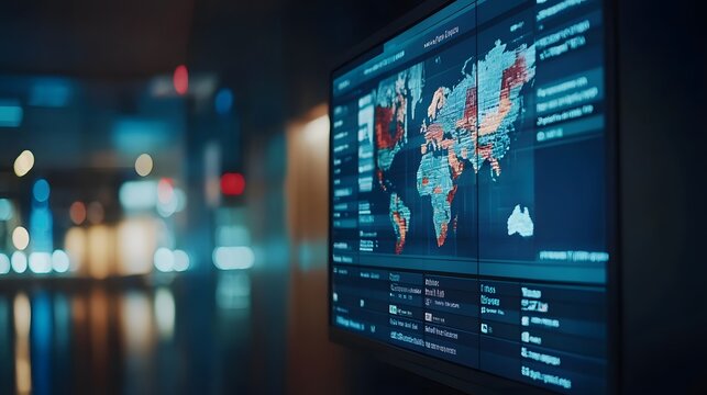 Close-up of a large screen displaying a world map with data points, likely representing global statistics or network activity. The background is a blurred cityscape at night.