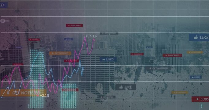 Data overlay animating skyline, showing pink-blue line graphs, dot chart, percent labels, UI tags