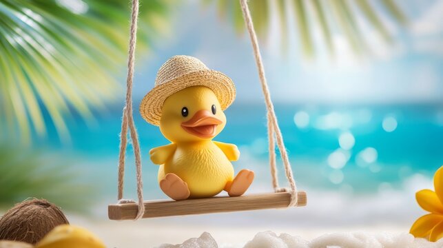 Yellow rubber duck toy in small straw hat swings on a rope swing at the beach on a sunny summer day concept for holiday and celebration