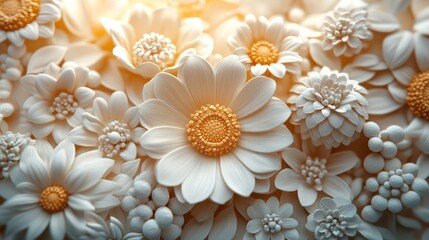 Creamy floral wall art, sunlit, textured, 3D flowers, design