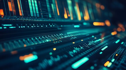 Close-up of a futuristic digital interface with glowing teal and orange lines, graphs, and data streams.  Abstract technology background.