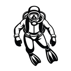 Monochrome Scuba Diver Full Gear, Flippers, Adventure, Underwater Theme