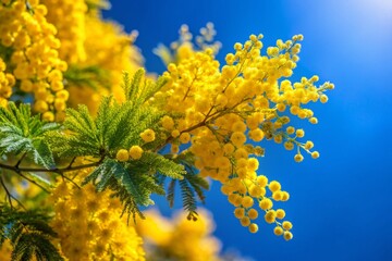 Spring Blossom Mimosa Tree, Blue Sky Background, Minimalist Floral Photography