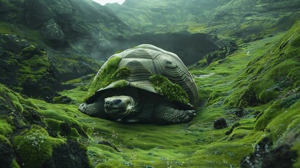 Majestic Galpagos tortoise slowly moving through a lush green landscape its ancient shell covered in moss