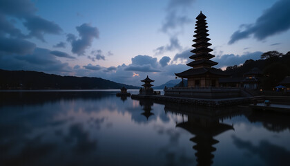 Obraz premium Elegant pagoda silhouette at twilight over tranquil lake, serene solitude