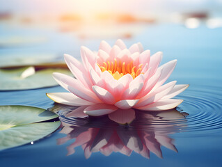 Close up of a pink lotus flower floating on the water, blurred sun background 