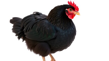 Majestic black hen striking pose against a pure white background Intense gaze vibrant red comb