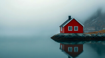 Red house reflecting in calm water on a foggy day  