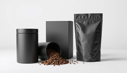 Set of modern black coffee packaging mockups with pouch, tin can, box and scattered beans on white background, professional branding presentation