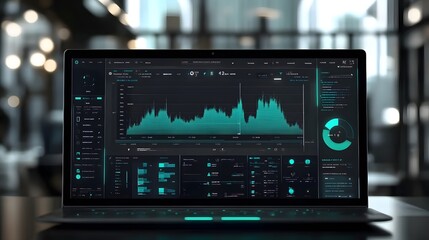 A laptop displays a futuristic dashboard with teal graphs, charts, and data visualizations. The background is blurred, suggesting an office setting.