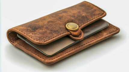 Stylish brown leather wallet with credit cards resting on a table  