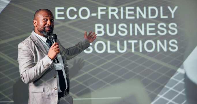 Business, black man and conference for climate change, presentation and microphone with speaker. Public speaking, expert and eco friendly seminar for solution, idea pitch and education forum