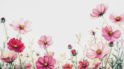 Fototapeta premium Elegant wedding invitation card background . Minimal hand painted watercolor Cosmos flowers texture template background. Design for wedding, vip cover, poster, rsvp moderncard.Valentine's Day