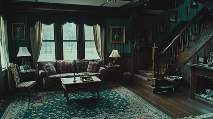 A dimly lit, antique living room of a spooky old house.