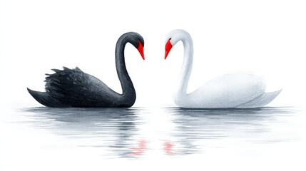 Fototapeta premium Watercolor Swans: A Black and White Encounter - A graceful black swan and a pristine white swan meet on calm water, symbolizing contrast, balance, duality, unity, and elegance