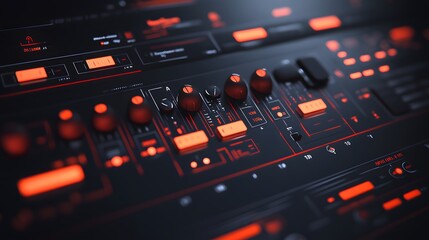 Close-up of a futuristic synthesizer with glowing orange controls and knobs.  Sleek dark design, perfect for music production or technology concepts.