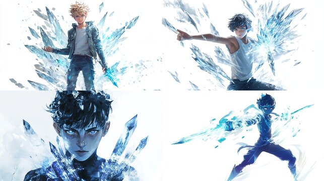 Four anime-style characters wielding ice powers.