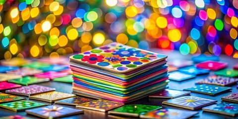 Obraz premium Stack of Colorful Square Stickers, Bokeh Background, Branding, Product Label, Adhesive