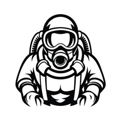 Person Wearing Protective Suit and Gas Mask in Bold Outline Style