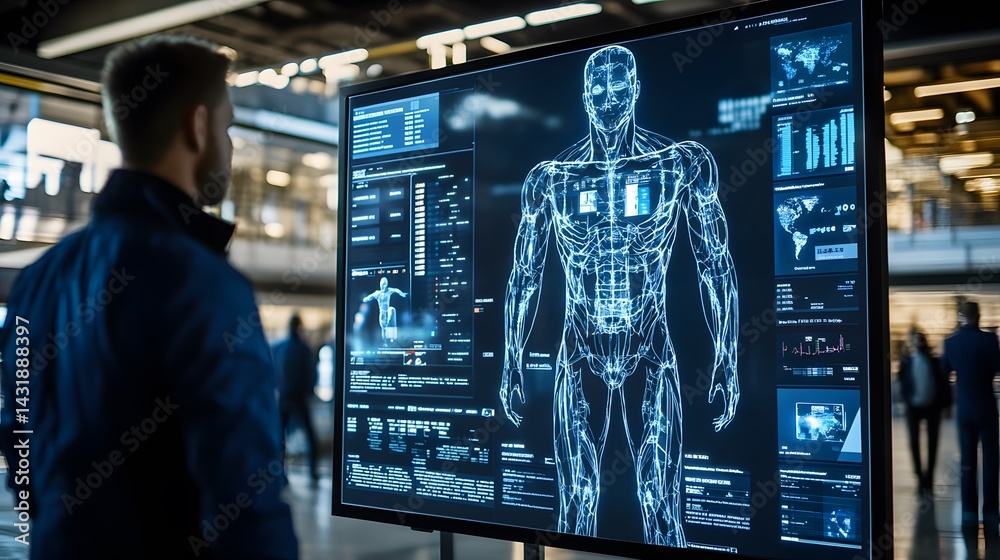 Poster a man observes a large screen displaying a digital human anatomy model and various data visualizatio