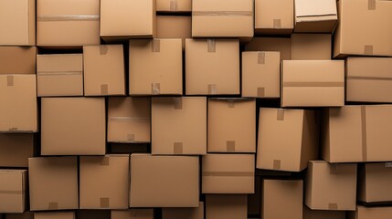 3D rendering of a chaotic pile of cardboard boxes in shades of brown and beige. This serves as a background for an online shopping, business, or delivery concept.