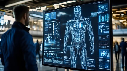 A man observes a large screen displaying a digital human anatomy model and various data visualizations. The setting appears to be a modern, technological environment.