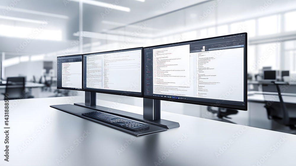 Poster sleek, modern workstation with three monitors displaying code. ideal for programmers, developers, an