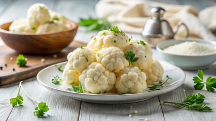 Steamed Cauliflower: Minimalist Vegan Food Photography, Bright Kitchen, Close-up