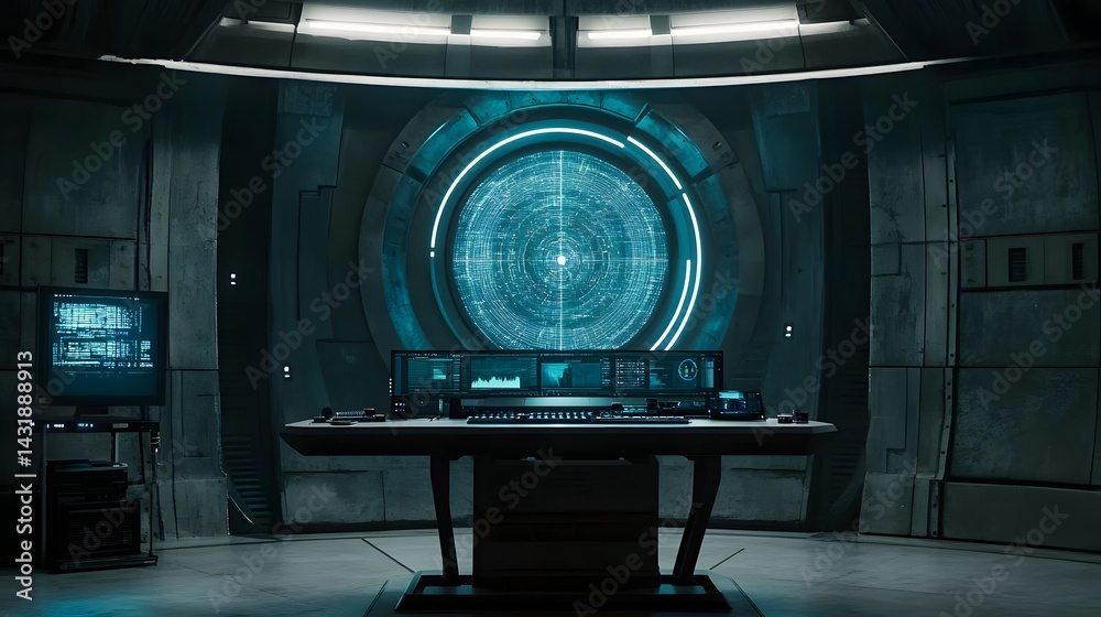 Poster futuristic control room with a large circular screen displaying data, multiple monitors showing grap