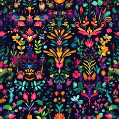 Vibrant Floral Textile Design: A Kaleidoscope of Colorful Flowers and Intricate Patterns