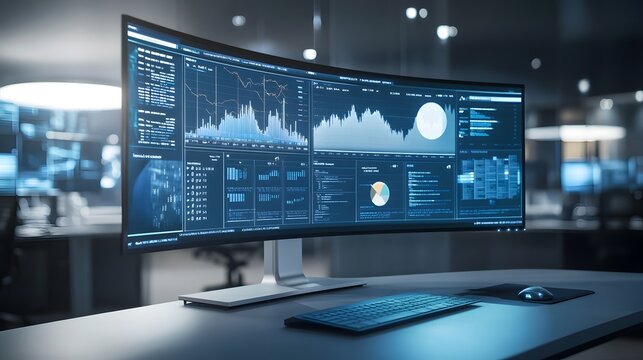 A curved ultrawide monitor displays various data graphs and charts in a dark, modern office setting.  A keyboard and mouse are also visible on the desk.