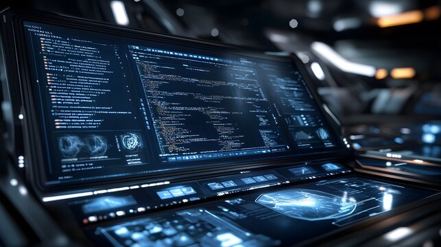 Futuristic computer screen displays complex code and data visualizations. Sleek, dark design with glowing blue accents.  Sci-fi technology concept.