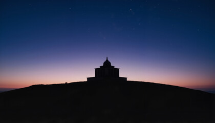 Obraz premium Serene temple silhouette at twilight on a hilltop, tranquility concept