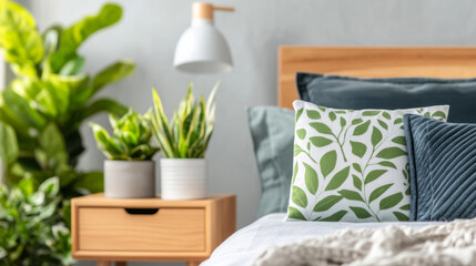 Cozy bedroom with nature-inspired decor and pantone 19-4110 accents for relaxing interior design