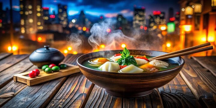Steaming Ozoni Soup with Mochi & Vibrant Vegetables in Rustic Bowl - Japanese New Year's Food