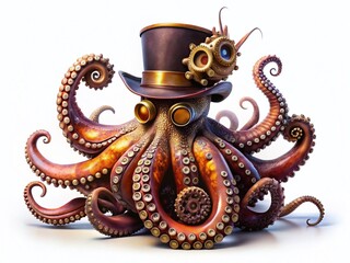 Obraz premium Steampunk Octopus: Minimalist Fashion Illustration - Mechanical Tentacles, Futuristic Apparel