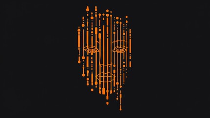 Barcode-style face icon with orange bulbs in dark background. Digital identity concept.