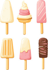 Colorful Set of Ice Cream and Popsicles – Vector Illustration of Summer Frozen Treats on Sticks in Various Flavors and Shapes