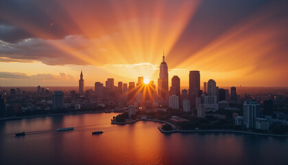 Fototapeta premium Dramatic sunset over city skyline with reflections in water, urban beauty