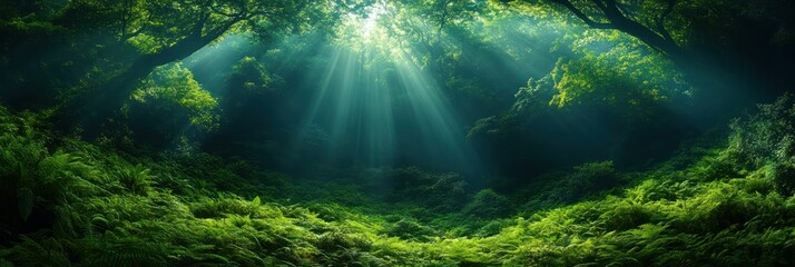 Fototapeta premium Sunbeams in Lush Forest.