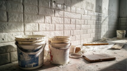 Home renovation scene with buckets of paint and tile installation in bright sunlight