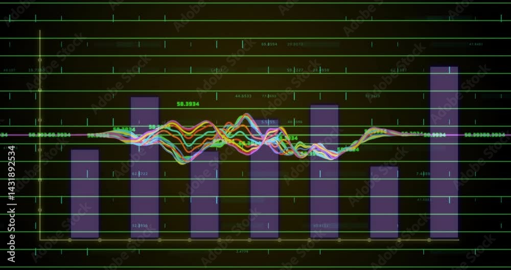 Poster displaying abstract data visualization with neon grid, purple bars and multicolored wavy lines