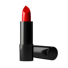 Ultra-realistic PNG of a red matte lipstick with cap beside