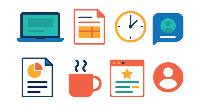 Flat vector icons of freelancer essentials: laptop screen, invoice sheet, time tracker, client chat, proposal doc, coffee mug, gig listing, personal brand.