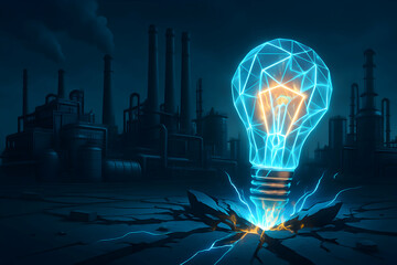 Futuristic light bulb in industrial landscape.